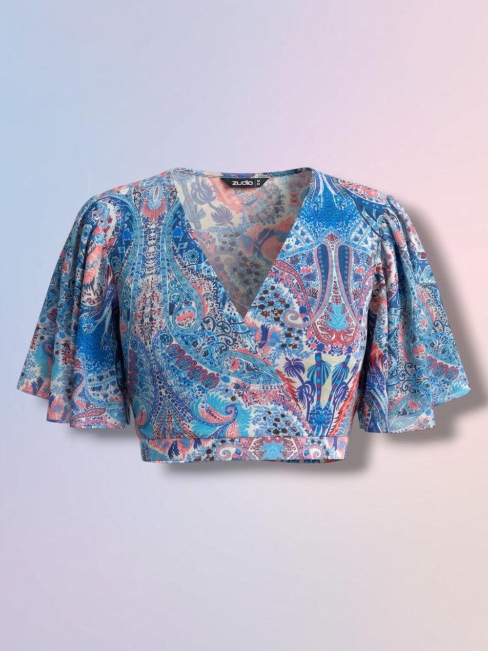 Zudio Blue Paisley Sheer Sleeve Crop Wrap Top M